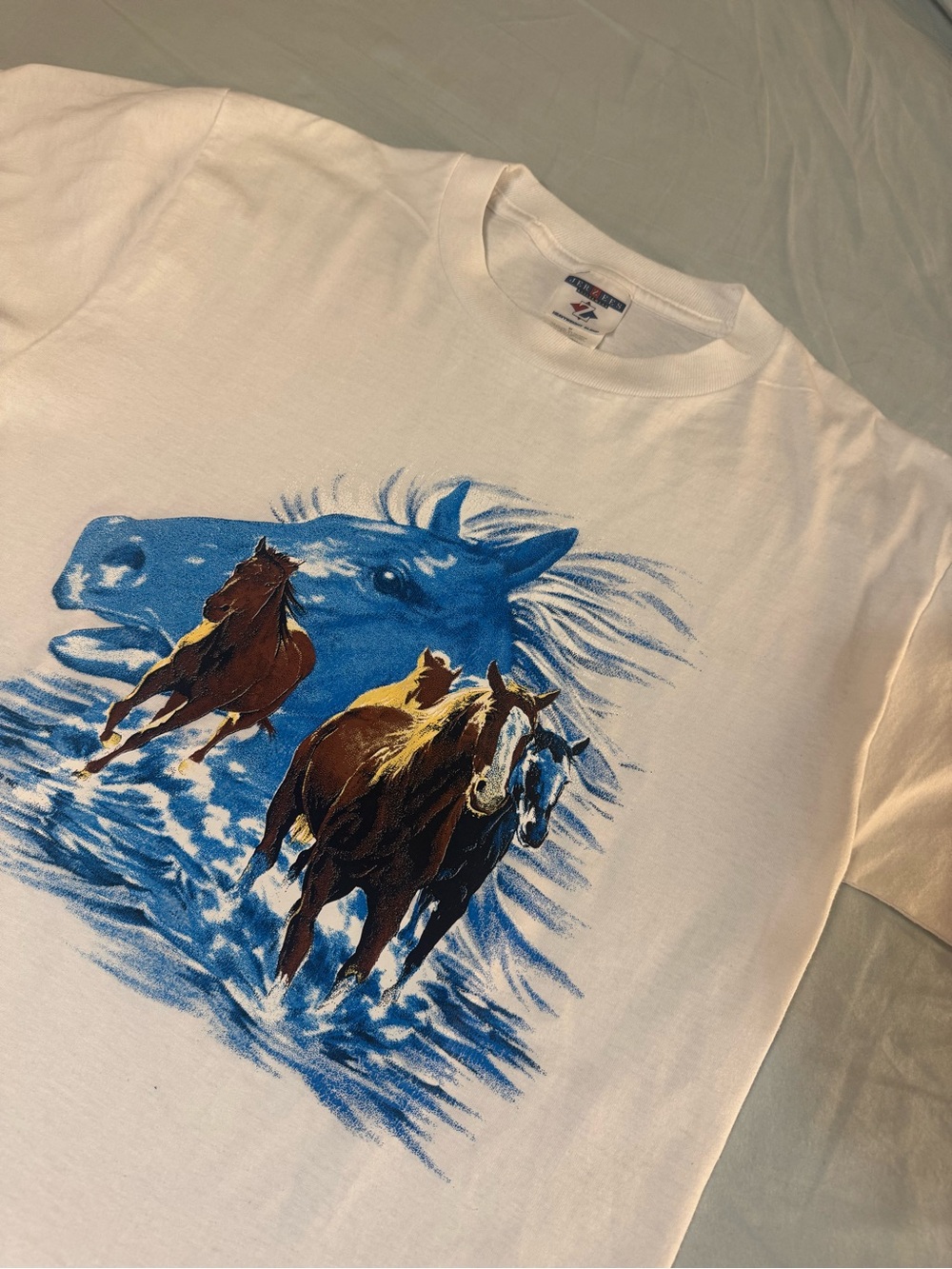 Jerzees White Short-Sleeve Tee with Blue & Brown Horse Graphic